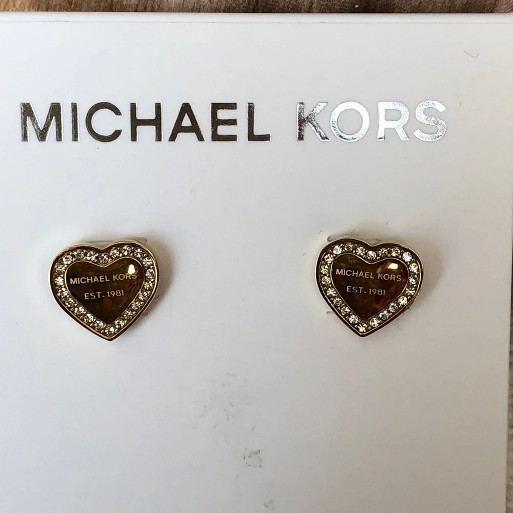 Michael Kors Gold Plated Stainless Steel Crystal Heart Stud Earrings NWT
